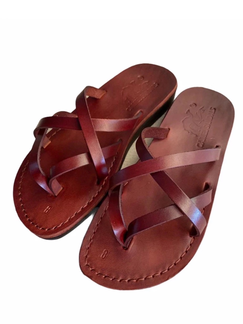 Camel 100% Leather Handmade Sandals Brown Cross Strap Thong Slides Women’s 8/8.5
